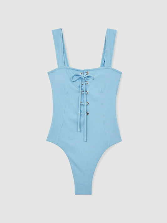 Ribbed Lace-Up Swimsuit Blue | Women