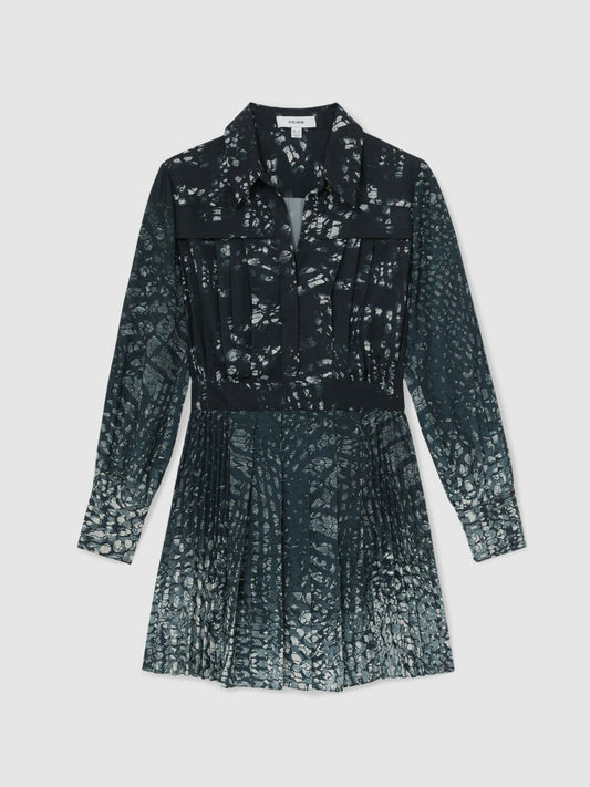 Printed Pleated Shirt Dress Navy | Women