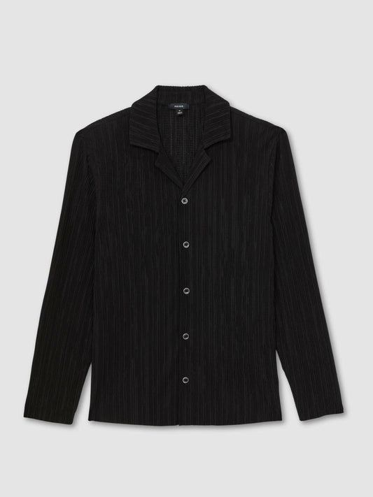 Plissé Cuban-Collar Long-Sleeve Shirt Black | Men