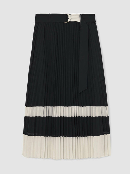 Belted Pleated Midi Skirt Navy/Ivory | Women