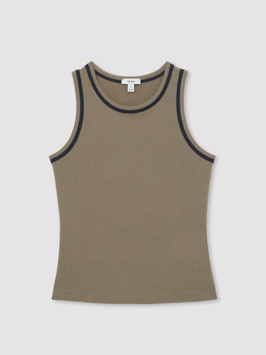 Stretch-Cotton Jersey Tipped Vest Khaki Green/Navy | Women
