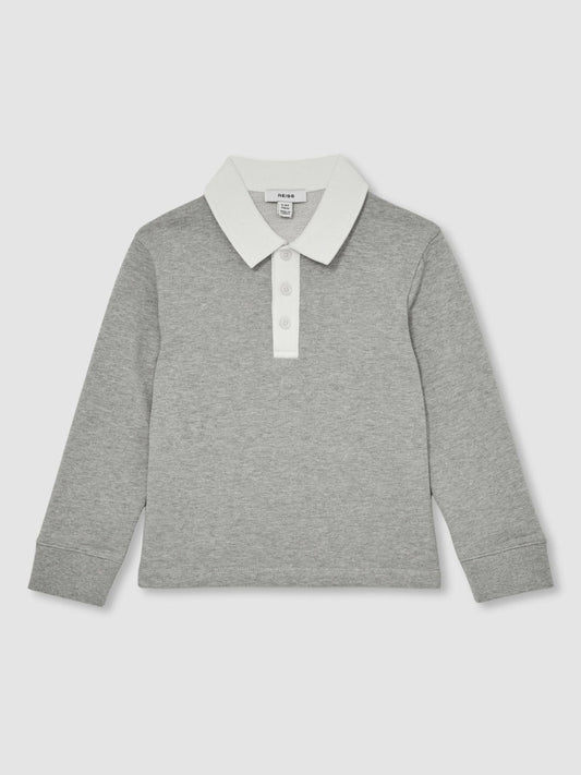Cotton Half-Button Rugby Polo Shirt Grey Marl/White | Children & Baby