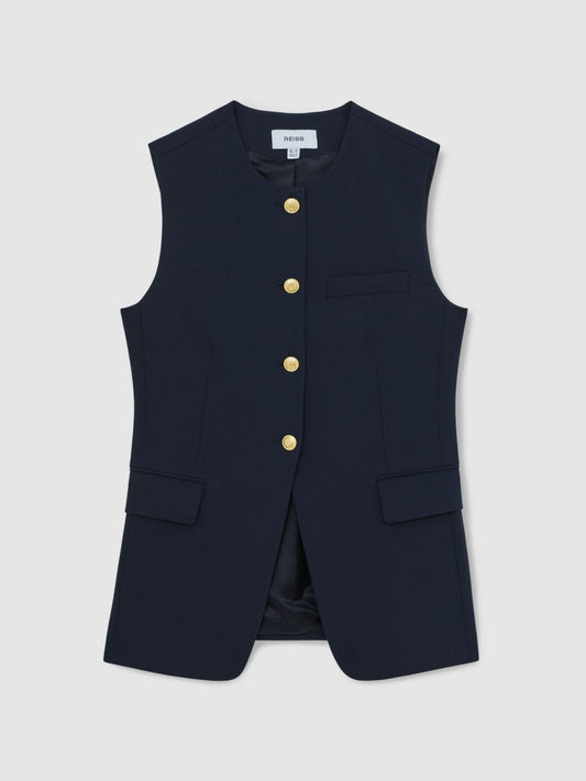 High-Neck Longline Waistcoat Navy | Women