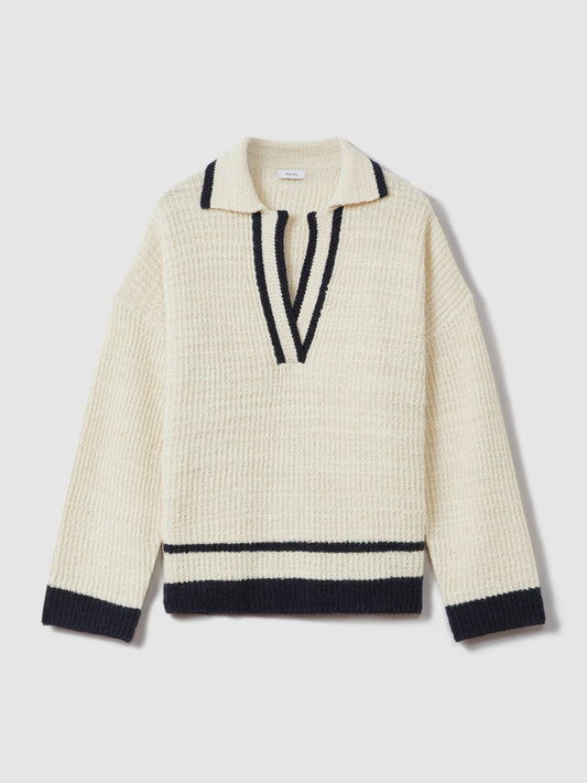 Wool Blend Open Collar Jumper Cream/Navy | Women