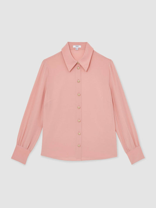 Silk Embossed-Button Shirt Pink | Women