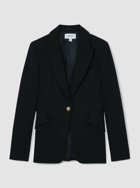 Single-Breasted Textured Blazer Wool-Blend Navy | Women