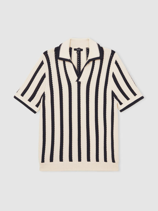 Cotton Blend Stripe Knit Polo Shirt Off White/Navy | Men