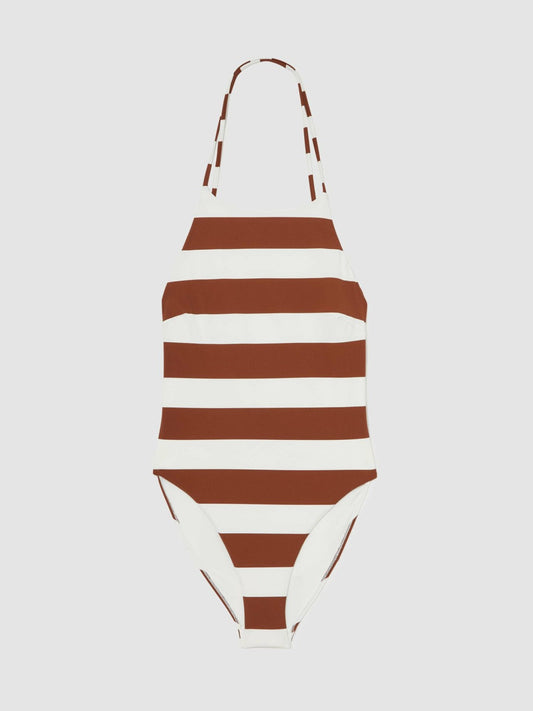 Stripe Cross-Back Swimsuit Brown/White | Women