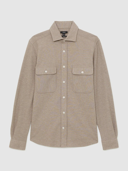 Textured Twin Pocket Cotton Blend Overshirt Oatmeal Brown Melange | Men