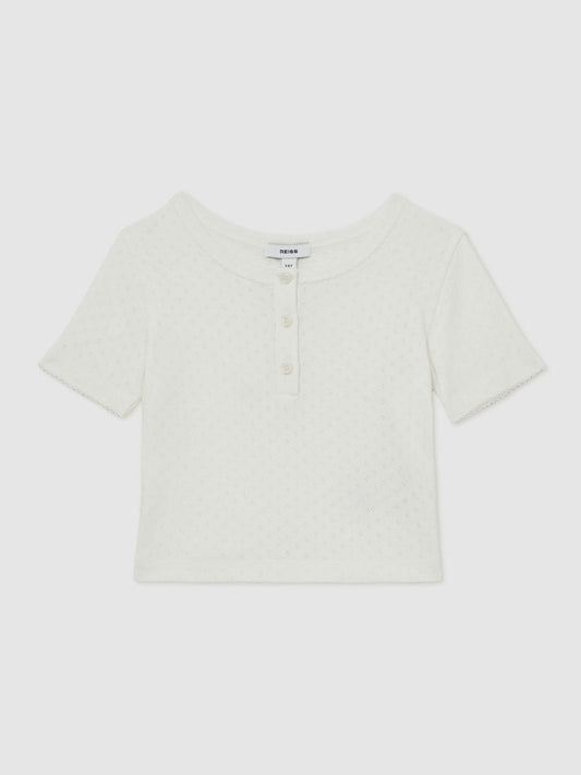 9-13 yrs Cotton Pointelle Button T-Shirt Ivory | Children & Baby