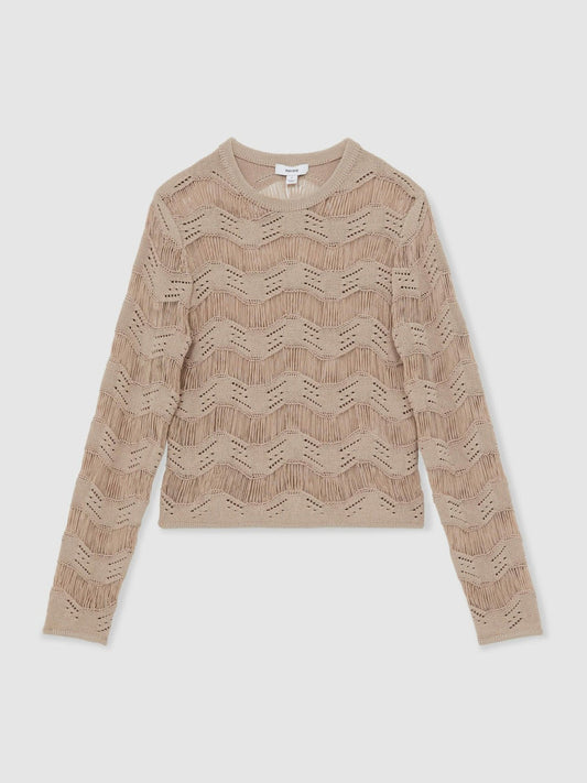 Cotton Blend Ladder Knit Top Taupe Neutral | Women