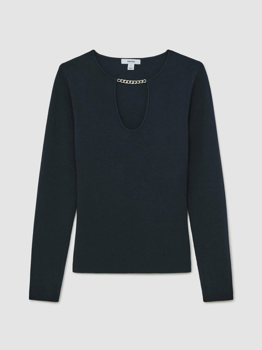 Chain-Detail Keyhole Knit Top Navy | Women