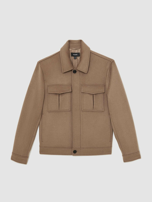 Wool Blend Twin Pocket Zipped Jacket Dark Brown | Men