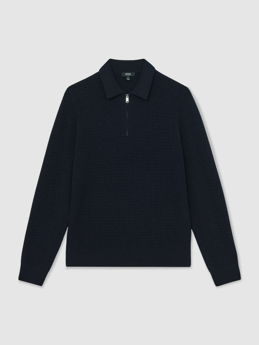 Wool Waffle-Knit Half-Zip Polo Shirt Navy | Men