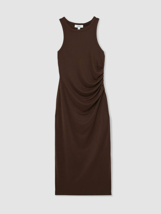 Jersey Ruched Racer Midi Dress Chocolate Brown | Women