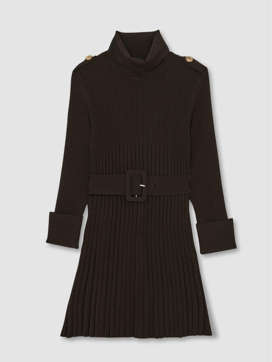 9-13 yrs Rib-Knit Roll-Neck Belted Dress Chocolate | Children & Baby