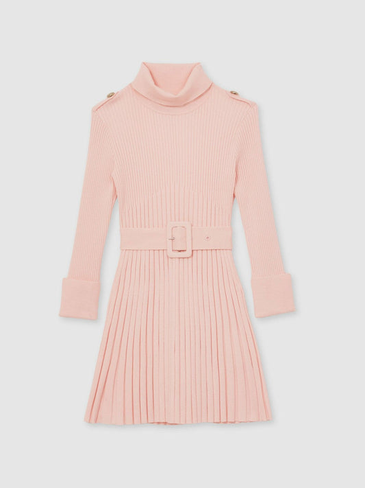 9-13 yrs Rib-Knit Roll-Neck Belted Dress Pink | Children & Baby