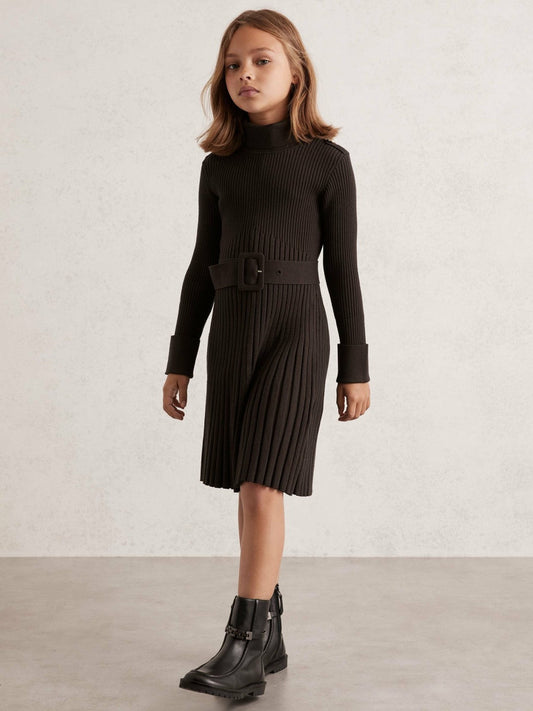13-14 yrs Rib-Knit Roll-Neck Belted Dress Chocolate | Children & Baby
