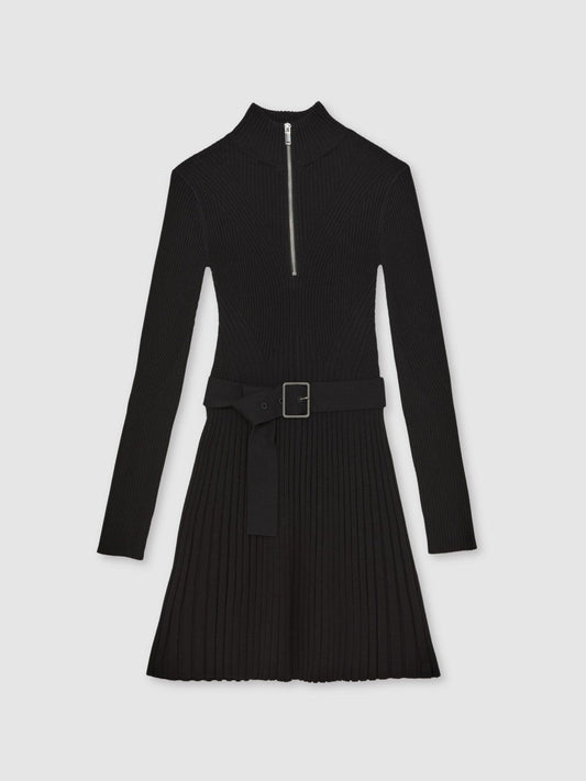 Rib-Knit Belted Half-Zip Flippy Dress Black | Women