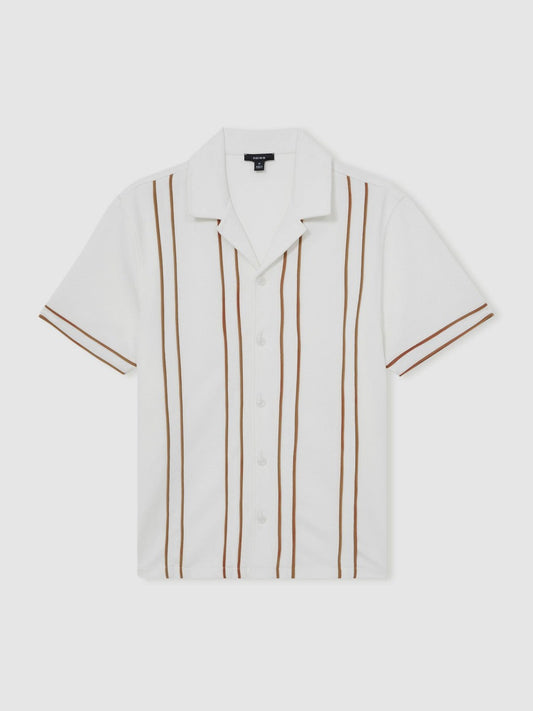 Piped-Stripe Cuban-Collar Shirt White/Camel | Men