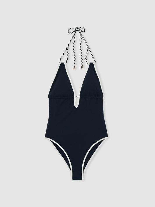 Contrast-Trim Plunge-Neck Swimsuit Navy/White | Women