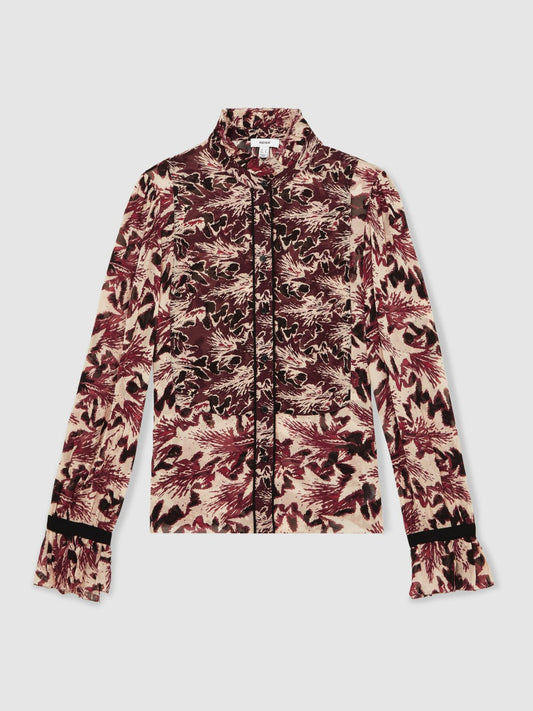 Abstract-Print Ruffle-Neck Shirt Burgundy/Cream | Women