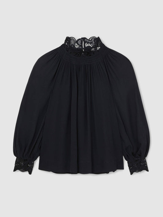 Lace-Trim Draped Chiffon Top Navy | Women