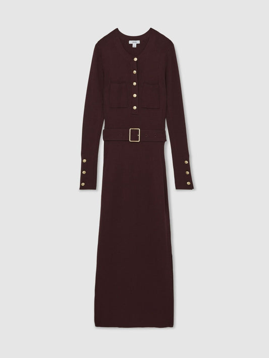 Buttoned Rib-Knit Midi Dress Burgundy | Women