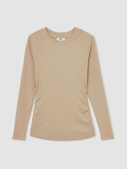 Cotton Long-Sleeve Ruched T-Shirt with Stretch Camel | Women