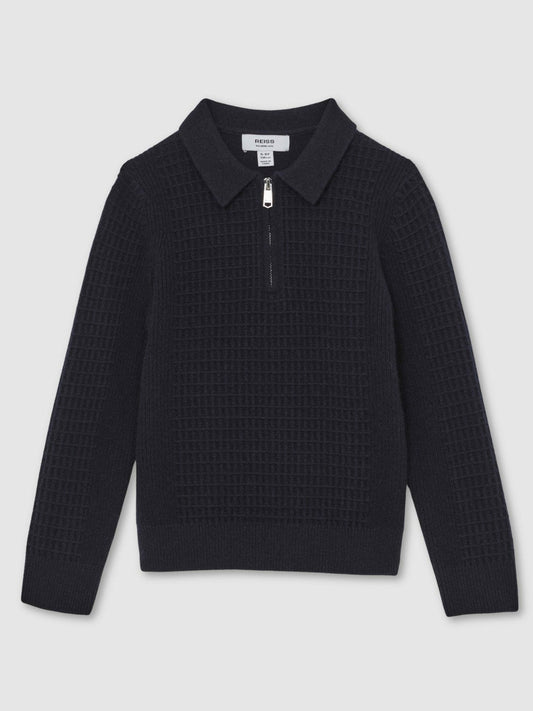 9-13 yrs Wool Waffle-Knit Half-Zip Polo Shirt Navy Blue | Children & Baby