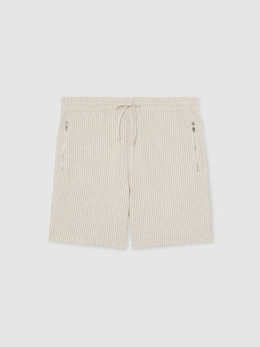 Cotton-Blend Stripe Drawstring Shorts Ecru/Taupe Brown | Men