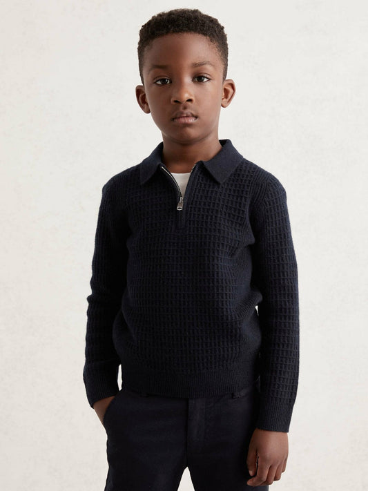 13-14 yrs Wool Waffle-Knit Half-Zip Polo Shirt Navy Blue | Children & Baby