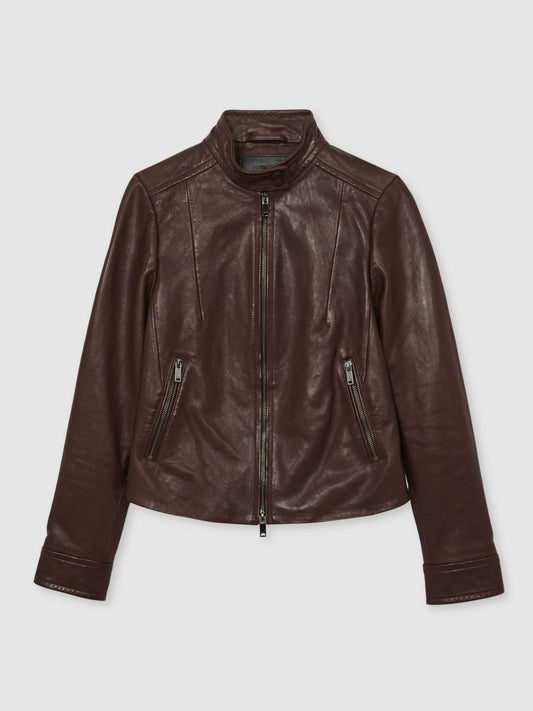 Fitted Leather Biker Jacket Burgundy | Women
