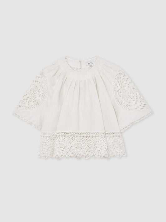 Linen Embroidered Swing Top Ivory | Women