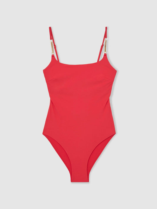 Hardware-Strap Cut-Out Swimsuit Coral Red | Women