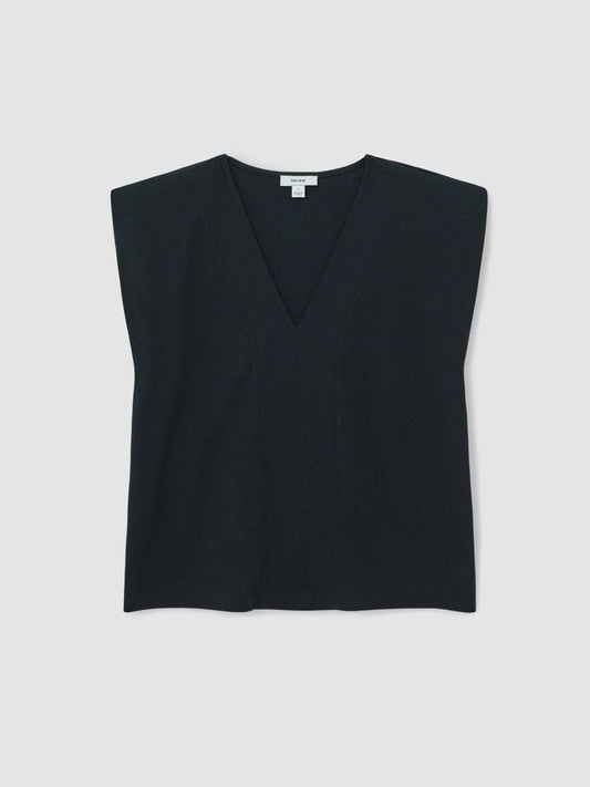 Cotton Shoulder-Pad V-Neck Top Navy | Women