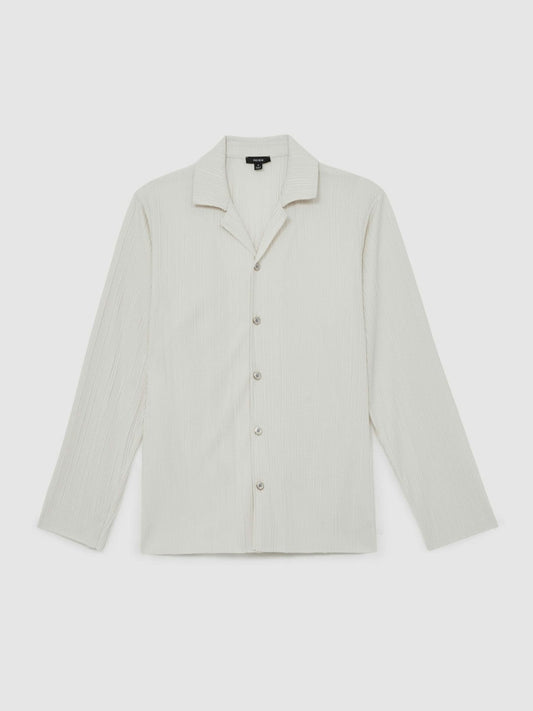 Plissé Cuban-Collar Long-Sleeve Shirt Off White | Men
