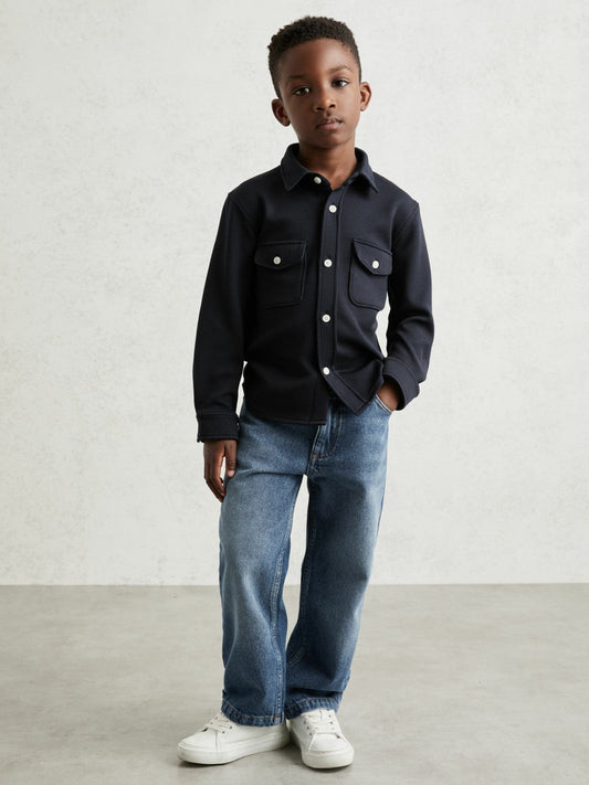 13-14 yrs Waffle-Textured Twin-Pocket Overshirt Navy | Children & Baby