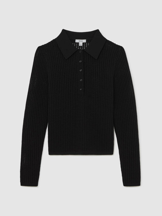 Open-Knit Long-Sleeve Polo Top Black | Women