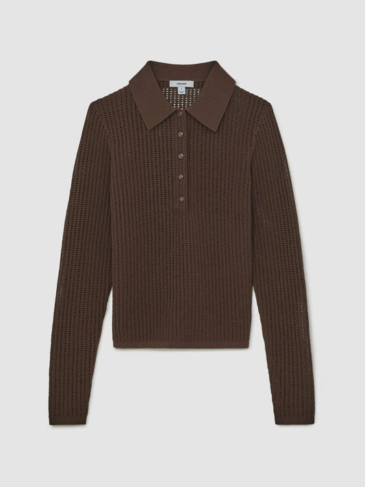Open-Knit Long-Sleeve Polo Top Chocolate Brown | Women