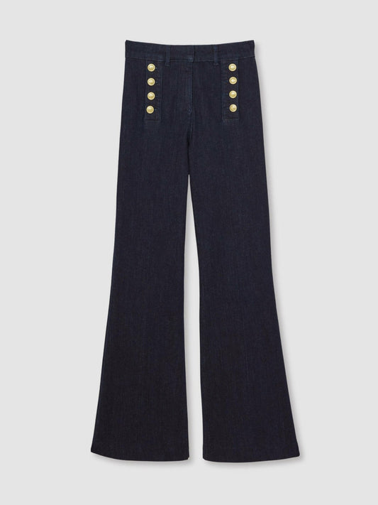 Petite Button-Detail High-Rise Flared Jeans Dark Blue | Women