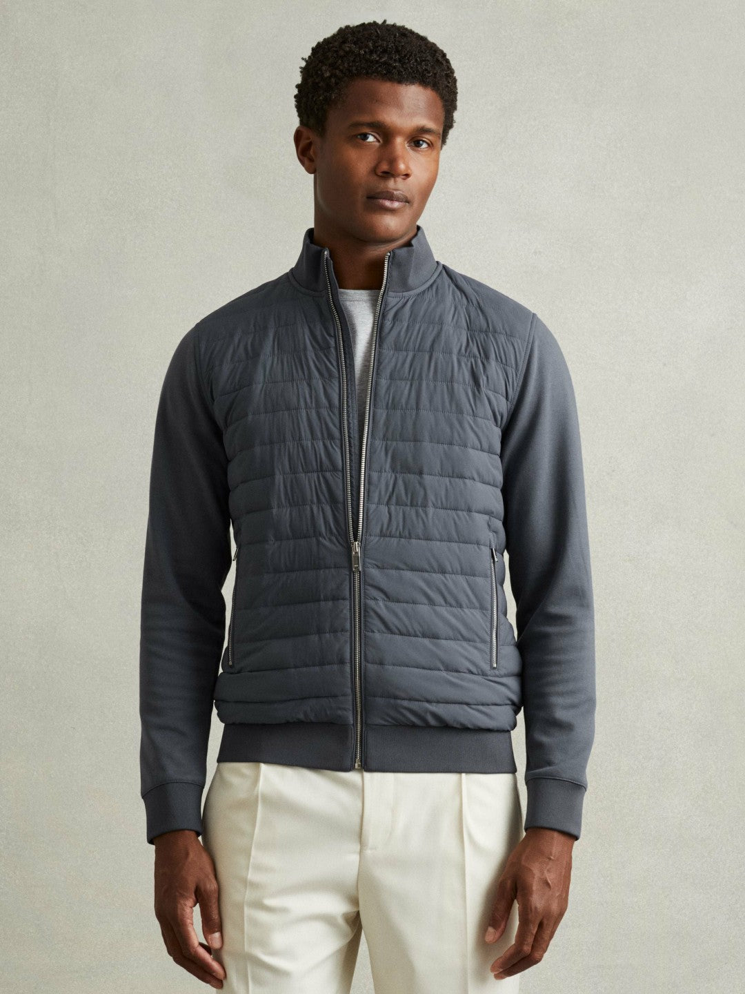 Hybrid Quilt and Knit Zip-Through Jacket Airforce Blue | Men