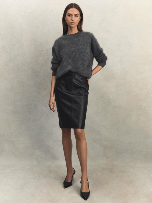 Leather High Rise Midi Skirt Black | Women