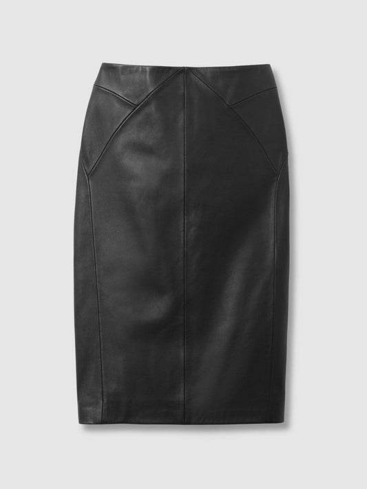 Leather High Rise Midi Skirt Black | Women