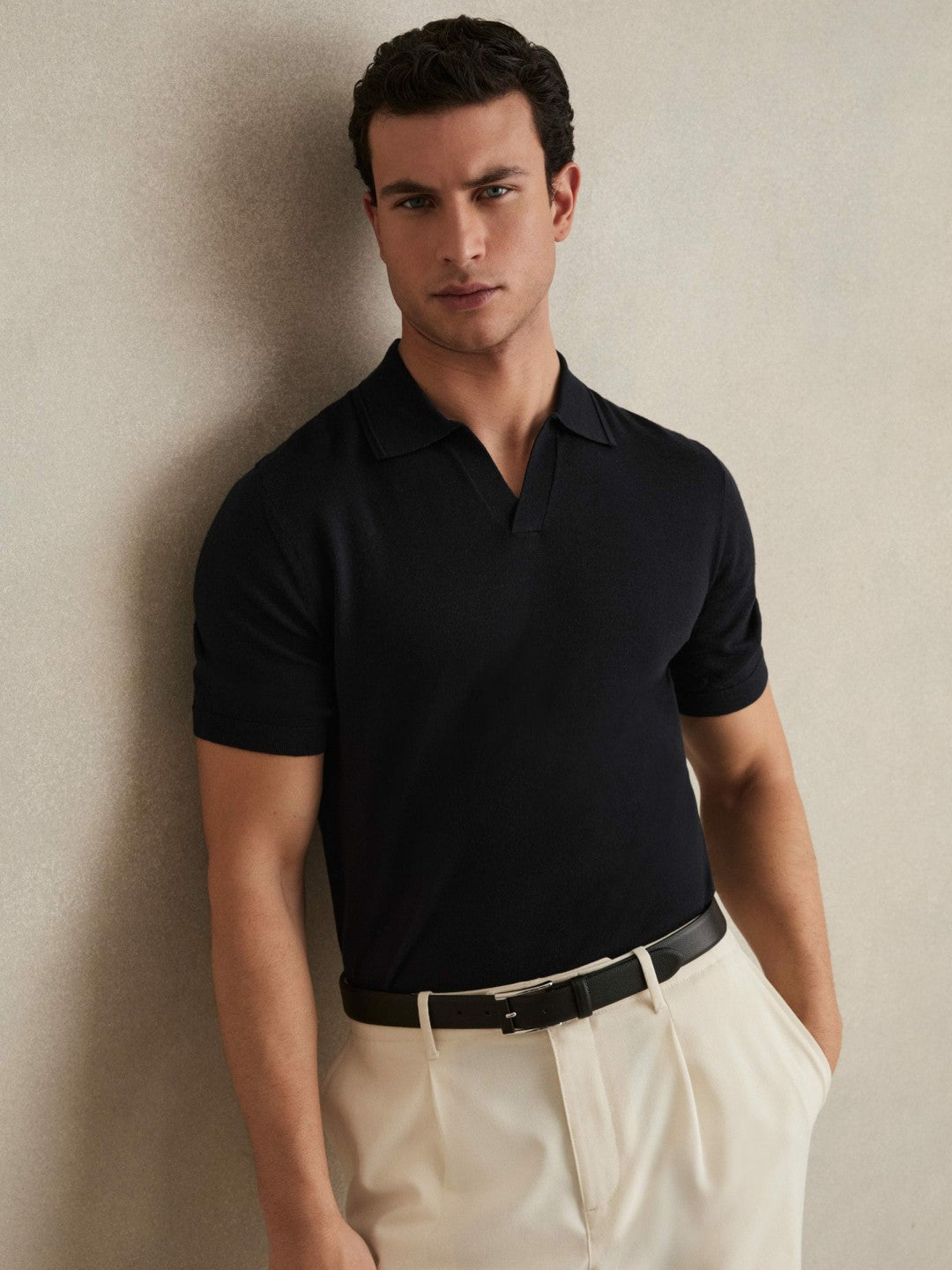 Merino Wool Open Collar Polo Shirt Navy | Men