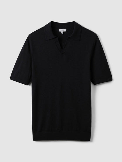Merino Wool Open Collar Polo Shirt Navy | Men