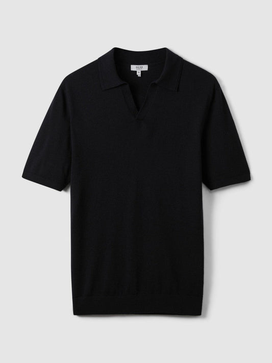 Merino Wool Open Collar Polo Shirt Navy | Men
