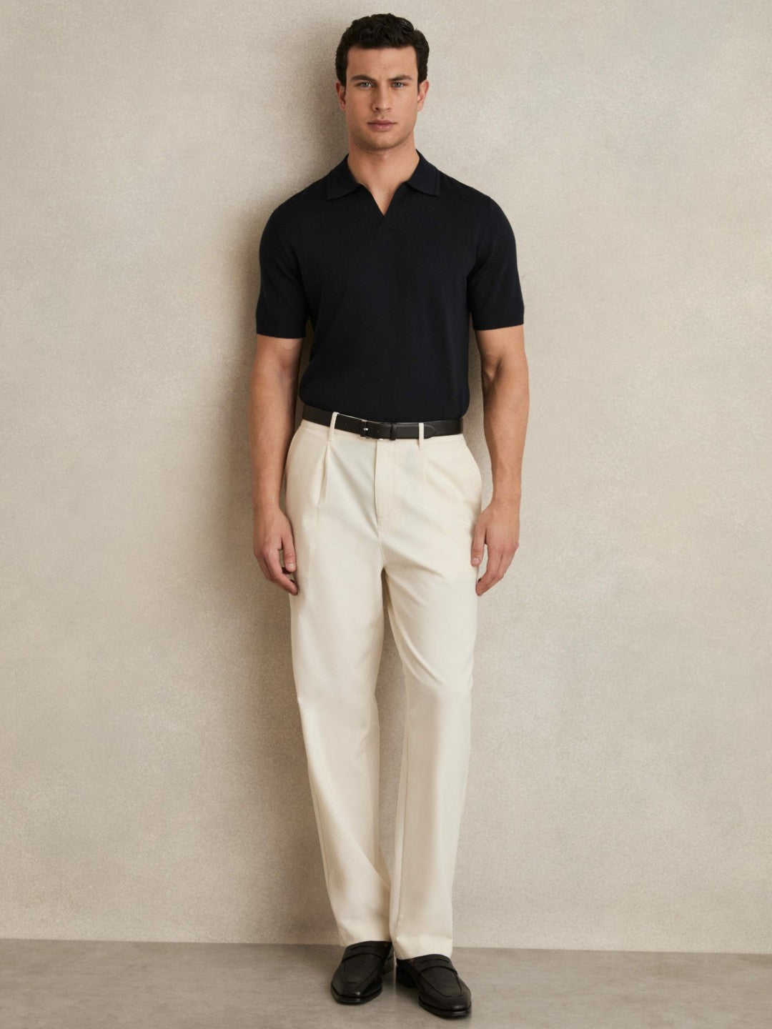 Merino Wool Open Collar Polo Shirt Navy | Men