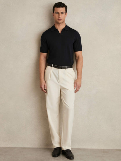 Merino Wool Open Collar Polo Shirt Navy | Men
