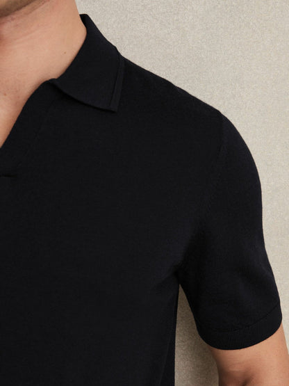 Merino Wool Open Collar Polo Shirt Navy | Men